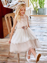 Champagne Jewel Neck Sleeveless Polyester Lace Tulle Flowers Kids Social Party Dresses-Dbrbridal