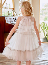 Champagne Jewel Neck Sleeveless Polyester Lace Tulle Flowers Kids Social Party Dresses-Dbrbridal