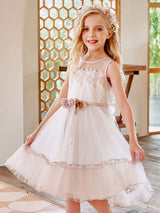 Champagne Jewel Neck Sleeveless Polyester Lace Tulle Flowers Kids Social Party Dresses-Dbrbridal