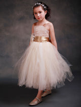 Champagne Princess Lace Straps Flower Sash Tulle Tea Length Toddler'S Tutu Dress-Dbrbridal