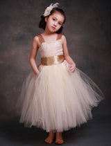 Champagne Princess Lace Straps Flower Sash Tulle Tea Length Toddler'S Tutu Dress-Dbrbridal