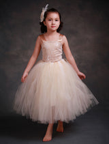 Champagne Princess Lace Straps Flower Sash Tulle Tea Length Toddler'S Tutu Dress-Dbrbridal