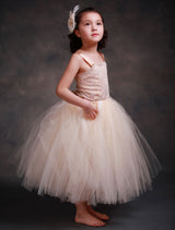 Champagne Princess Lace Straps Flower Sash Tulle Tea Length Toddler'S Tutu Dress-Dbrbridal