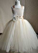 Champagne Tulle Party Dress Straps Flower Sash Kids Pageant flower girl dresses-Dbrbridal