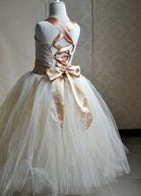 Champagne Tulle Party Dress Straps Flower Sash Kids Pageant flower girl dresses-Dbrbridal