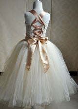 Champagne Tulle Party Dress Straps Flower Sash Kids Pageant flower girl dresses-Dbrbridal