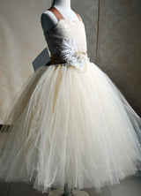 Champagne Tulle Party Dress Straps Flower Sash Kids Pageant flower girl dresses-Dbrbridal