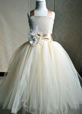 Champagne Tulle Party Dress Straps Flower Sash Kids Pageant flower girl dresses-Dbrbridal