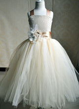 Champagne Tulle Party Dress Straps Flower Sash Kids Pageant flower girl dresses-Dbrbridal
