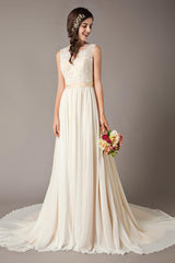 Champagne Wedding Dresses Beach Lace Chiffon Chic V-Neck Bridal Dress-Dbrbridal