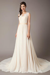 Champagne Wedding Dresses Beach Lace Chiffon Chic V-Neck Bridal Dress-Dbrbridal