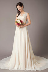 Champagne Wedding Dresses Beach Lace Chiffon Chic V-Neck Bridal Dress-Dbrbridal