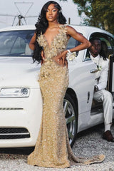 Champange Sleeveless Flowers Sequin Column Floor length Sparkle Prom Dresses-Dbrbridal