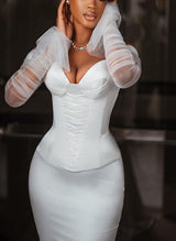 Charmeuse Mermaid Fitted Wedding Dress Long Sleeves Sweep Train-Dbrbridal