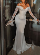 Charmeuse Mermaid Fitted Wedding Dress Long Sleeves Sweep Train-Dbrbridal