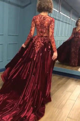Charming Beading Burgundy Evening Gowns Long Sleeves Prom Dresses with Appliques-Dbrbridal