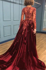 Charming Beading Burgundy Evening Gowns Long Sleeves Prom Dresses with Appliques-Dbrbridal