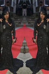 Charming Black Sequins Long Sleeves Deep-V-Neck Alluring Prom Dresses-Dbrbridal