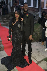 Charming Black Sequins Long Sleeves Deep-V-Neck Alluring Prom Dresses-Dbrbridal