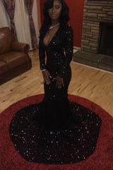 Charming Black Sequins Long Sleeves Deep-V-Neck Alluring Prom Dresses-Dbrbridal