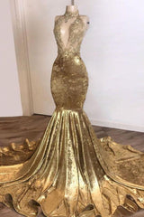 Charming Champagne Gold Sexy Deep V-Neck Court Train Mermaid Prom Dresses-Dbrbridal