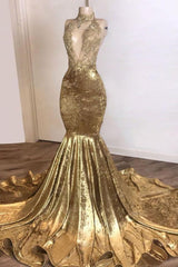 Charming Champagne Gold Sexy Deep V-Neck Court Train Mermaid Prom Dresses-Dbrbridal