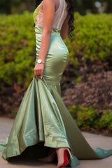 Charming Green Appliques Mermaid Prom Evening Maxi Dress Floor-Length Sweep Train Dress-Dbrbridal