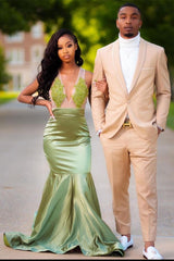 Charming Green Appliques Mermaid Prom Evening Maxi Dress Floor-Length Sweep Train Dress-Dbrbridal