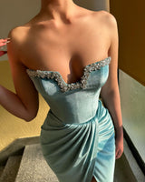 Charming Long Strapless Crystal Front Split Long Velvet Evening Party Gowns-Dbrbridal