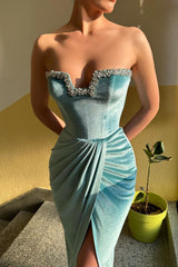 Charming Long Strapless Crystal Front Split Long Velvet Evening Party Gowns-Dbrbridal