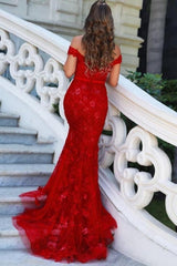 Charming Red Off-the-shoulder Mermaid Long Prom Dresses with Glitter-Dbrbridal