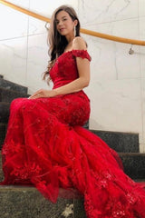 Charming Red Off-the-shoulder Mermaid Long Prom Dresses with Glitter-Dbrbridal