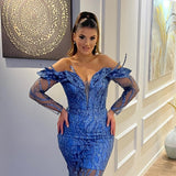 Charming V-Neck Long Sleeves Sheath Mermaid Lace Evening Party Gowns-Dbrbridal