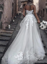 Chic A-line Boho Garden Elegant Sweetheart Retro style Tulle Wedding Dresses Appliques Lace-Dbrbridal