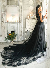 Chic A-line Chapel Train Wedding Dresses Black Lace V-neck Sleeveless-Dbrbridal