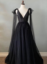 Chic A-line Chapel Train Wedding Dresses Black Lace V-neck Sleeveless-Dbrbridal