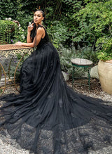 Chic A-line Chapel Train Wedding Dresses Black Lace V-neck Sleeveless-Dbrbridal