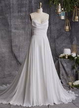 Chic A-line Cowl Neck Sleeveless Chiffon Court Train Wedding Dress Appliques Lace-Dbrbridal