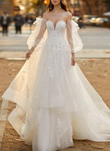 Chic A-line Elegant Sweetheart Long Sleeves Sweep Train Lace Tulle Wedding Dresses Lace-Dbrbridal