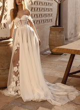 Chic A-line Elegant Sweetheart Sleeveless Court Train Chiffon Wedding Dresses Lace Appliques-Dbrbridal