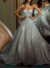 Chic A-line Elegant Sweetheart Sleeveless Sequined Wedding Dress Bow-Dbrbridal