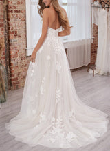 Chic A-line Elegant Sweetheart Sleeveless Sweep Train Lace Wedding Dresses-Dbrbridal