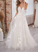 Chic A-line Elegant Sweetheart Sleeveless Sweep Train Lace Wedding Dresses-Dbrbridal
