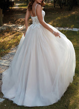 Chic A-line Elegant Sweetheart Sleeveless Sweep Train Tulle Wedding Dresses Appliques Lace-Dbrbridal