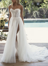 Chic A-line Elegant Sweetheart Sweep Train Tulle Wedding Dress Split Front-Dbrbridal