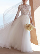 Chic A-line High Neck 3 4 Sleeves Lace Tulle Wedding Dresses Bows-Dbrbridal