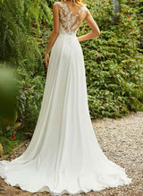 Chic A-line High Neck Sleeveless Chiffon Sweep Train Wedding Dress Lace-Dbrbridal
