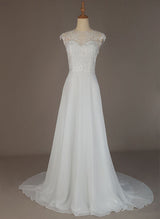 Chic A-line High Neck Sleeveless Chiffon Sweep Train Wedding Dress Lace-Dbrbridal