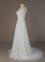 Chic A-line High Neck Sleeveless Chiffon Sweep Train Wedding Dress Lace-Dbrbridal