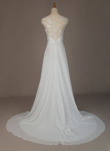 Chic A-line High Neck Sleeveless Chiffon Sweep Train Wedding Dress Lace-Dbrbridal